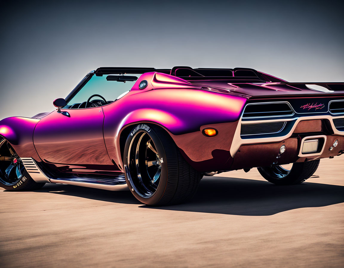 Purple Muscle Car with Black Stripes and Chrome Wheels Parked Outdoors