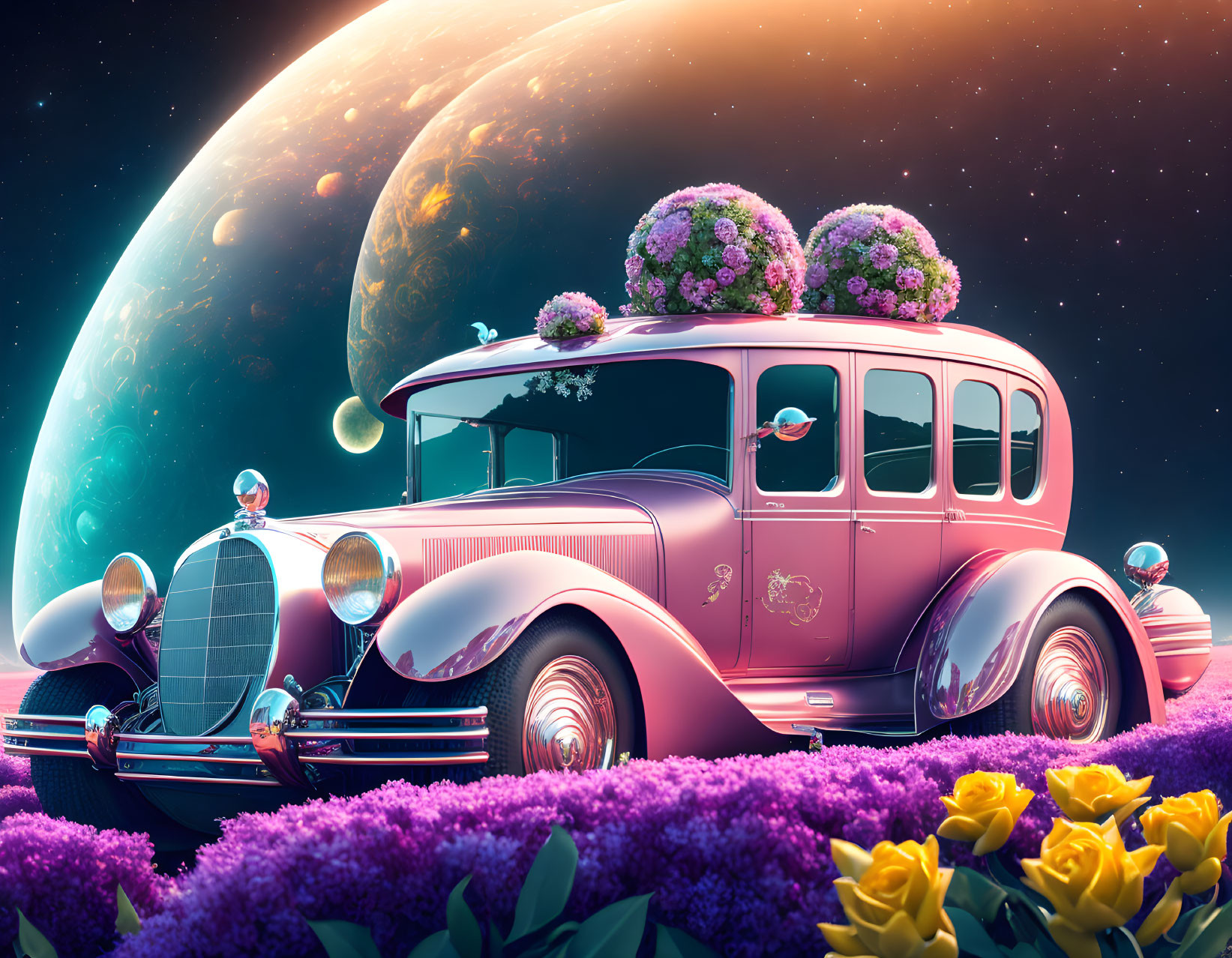 Vintage Car with Floral Roof on Purple Fantasy Landscape with Planets