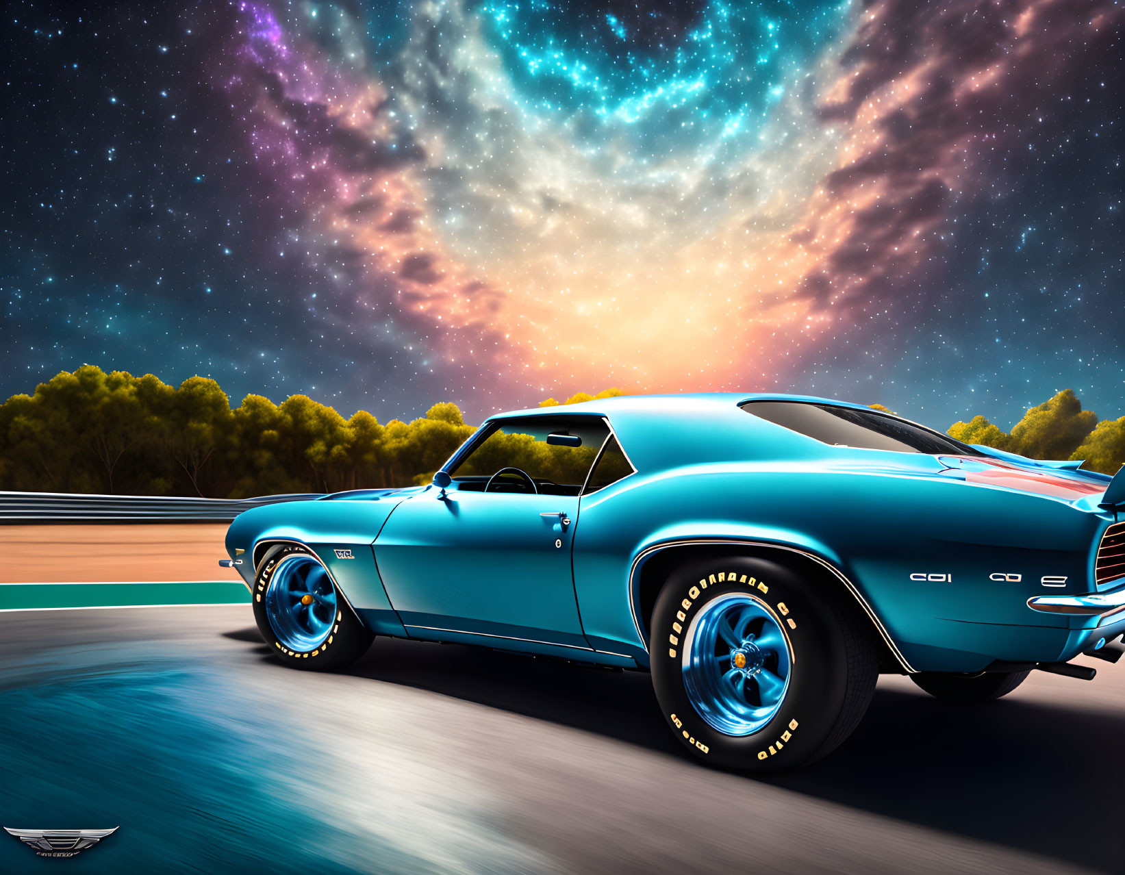 Classic blue car drives under cosmic sky with stars and nebulae.