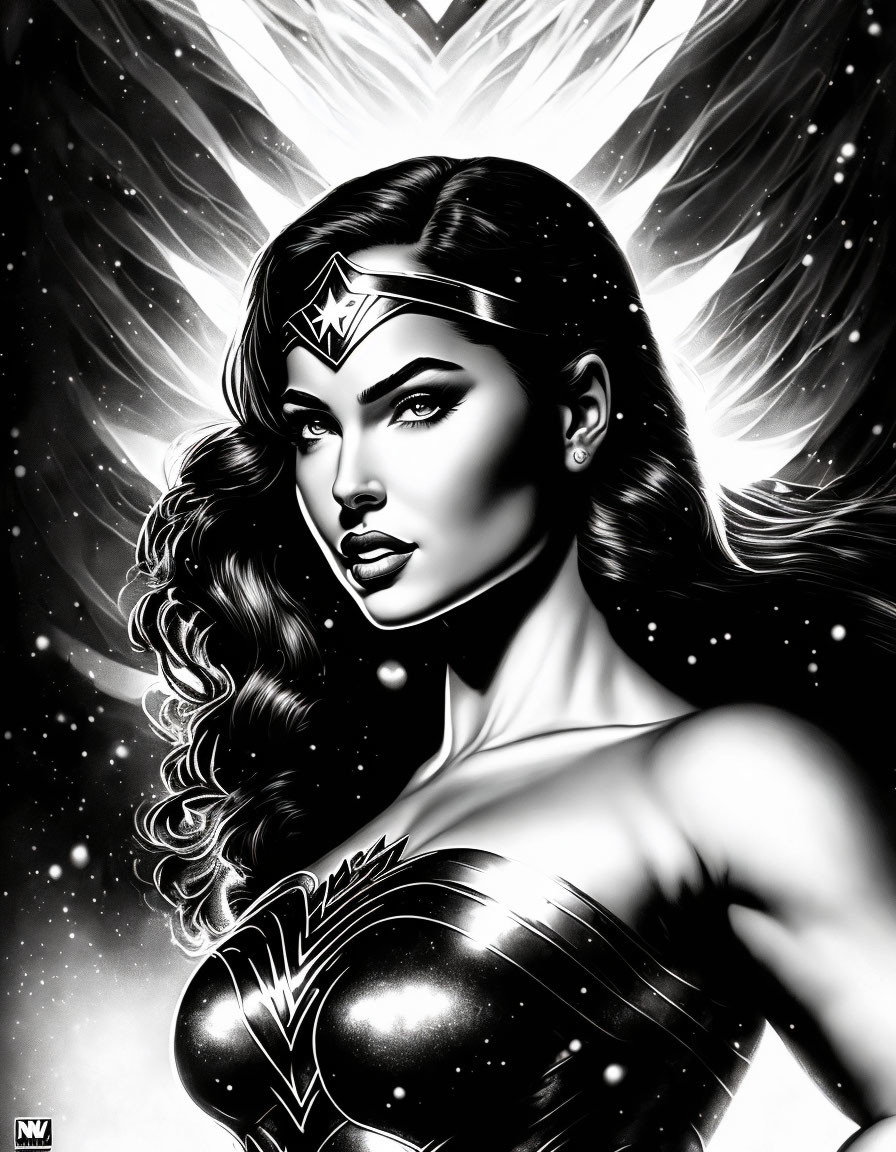 Black and white Wonder Woman illustration with intense eyes and tiara against light rays