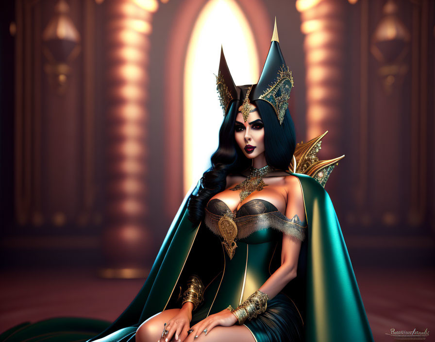 Illustrated fantasy queen in black and gold costume with green cape and elaborate headpiece.