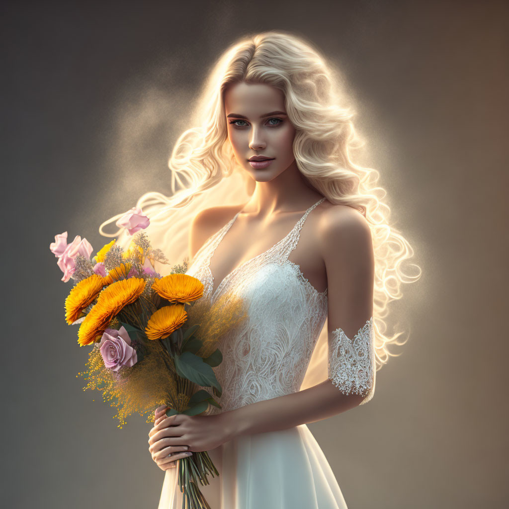 Blonde Woman in White Dress Holding Bouquet with Soft Glow