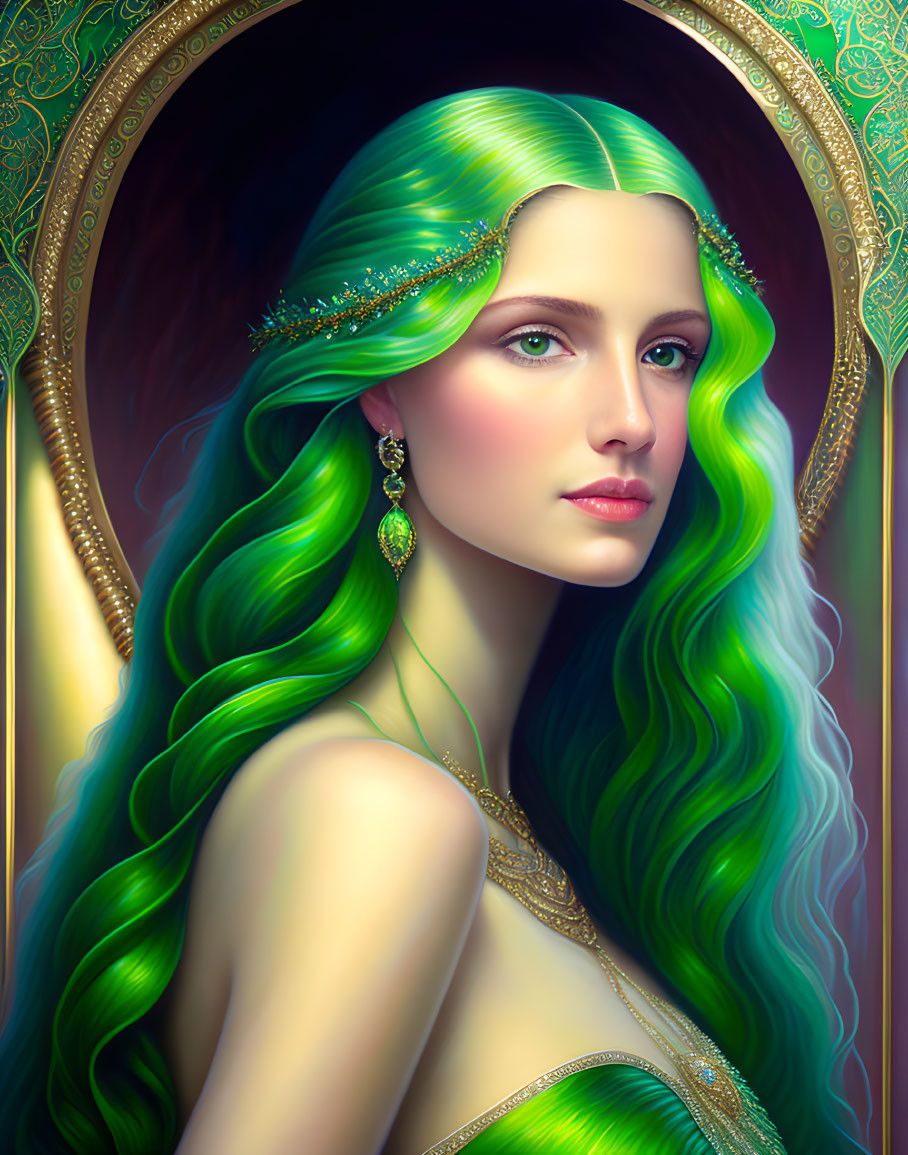 Ethereal woman with green hair and golden headdress in fantasy setting