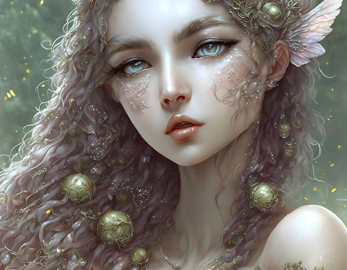 Fantasy female figure with nature-inspired adornments on soft green background