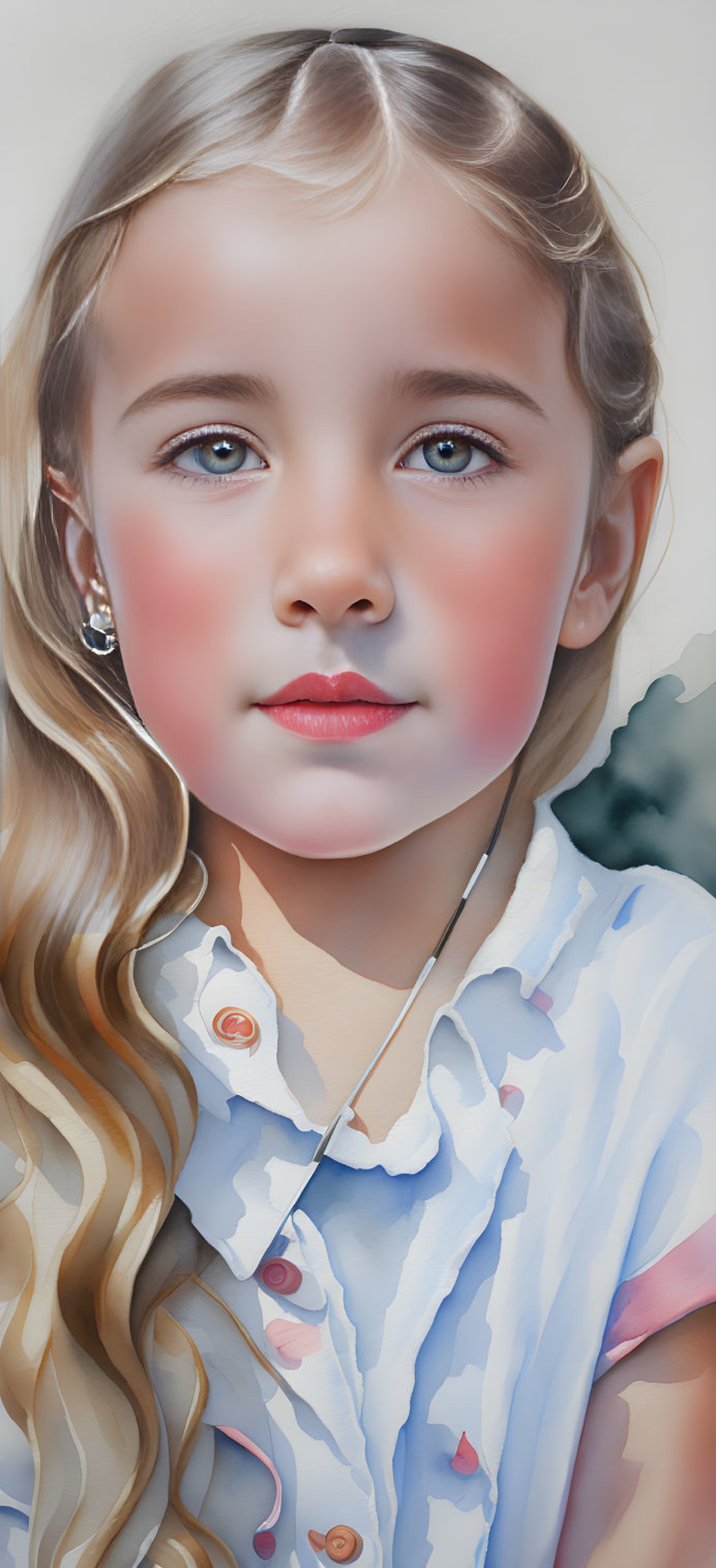 Portrait of a young girl with blonde curls and blue eyes in a striped outfit