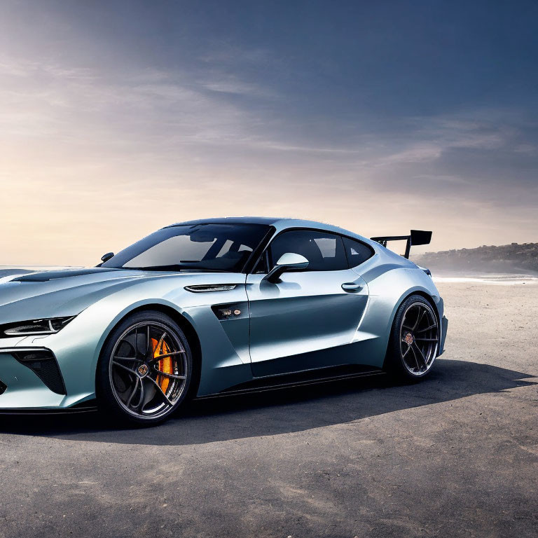 Light Blue Sports Car with Black Rear Spoiler on Beachside