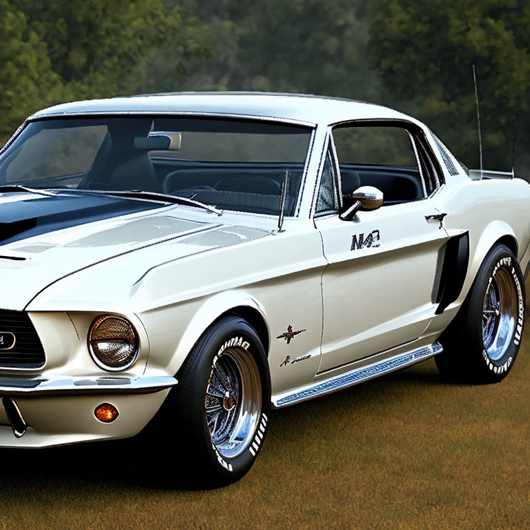 Vintage White Ford Mustang with Racing Stripes and Number "82" on Grass Field