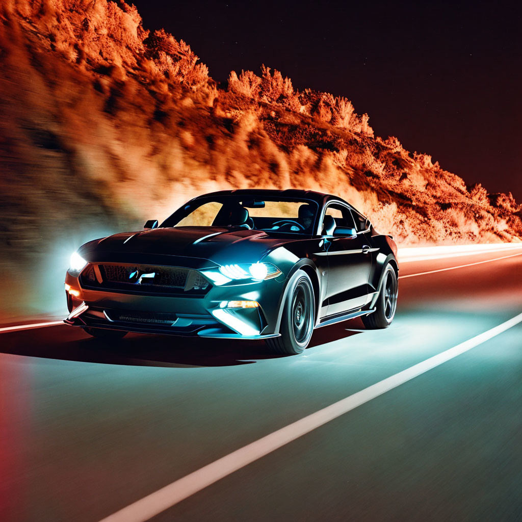 Black sports car speeding at night under red lights.