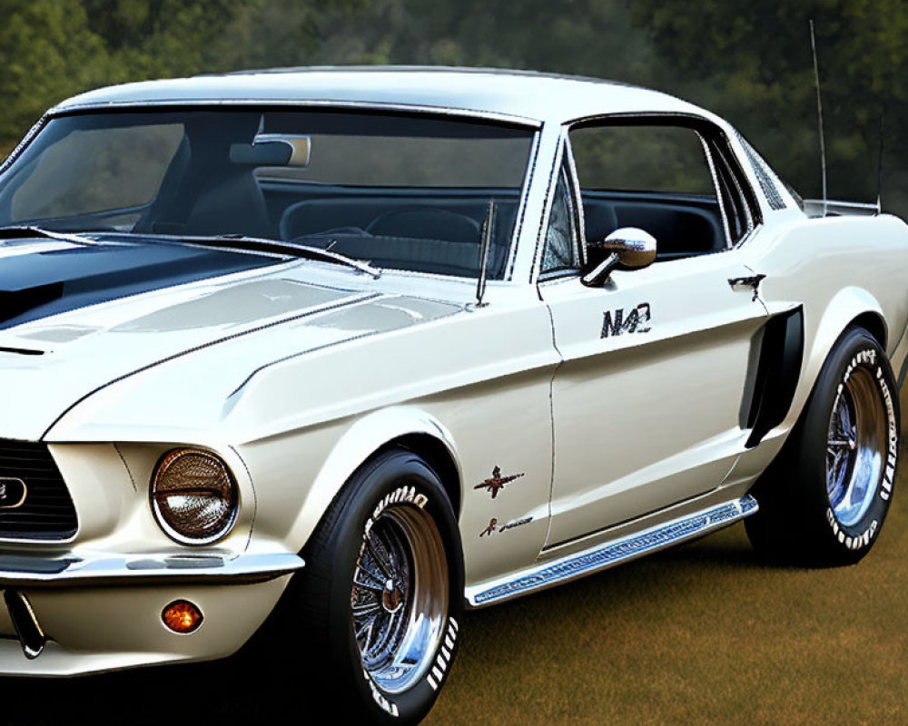 Vintage White Ford Mustang with Racing Stripes and Number "82" on Grass Field