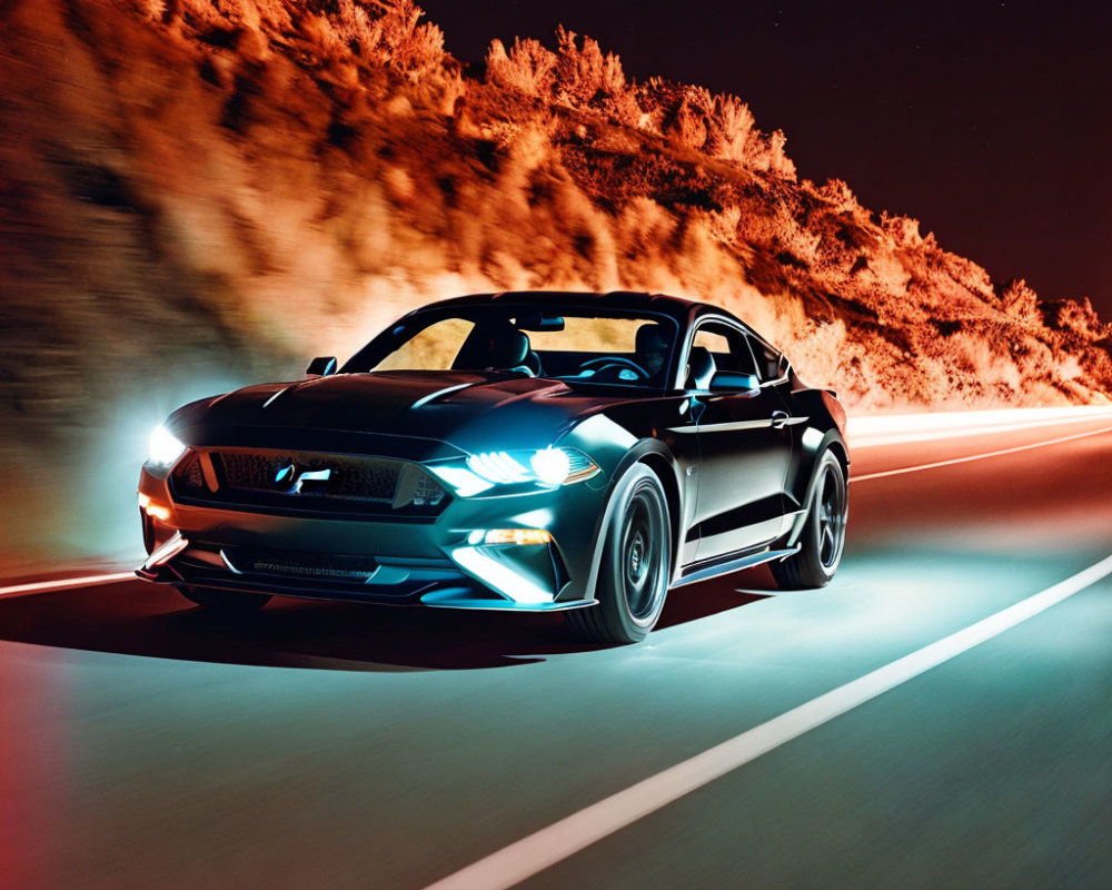 Black sports car speeding at night under red lights.