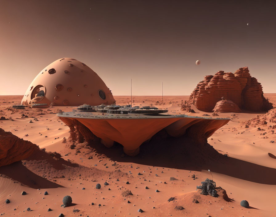 Futuristic Mars colony with domed habitat, spaceship, and two moons