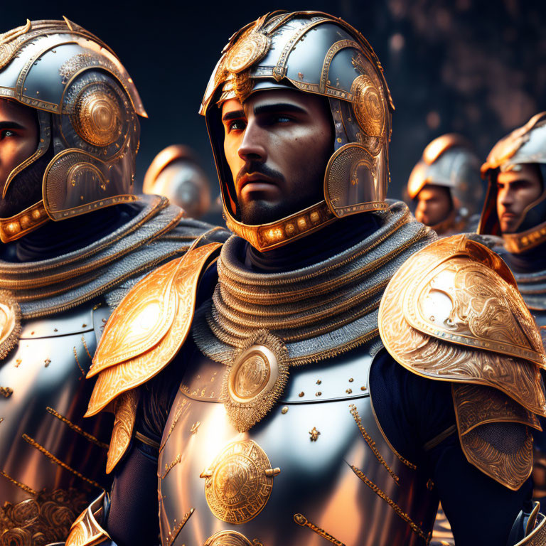 Digital 3D-rendered soldiers in ornate gold-accented armor with detailed helmet and stern