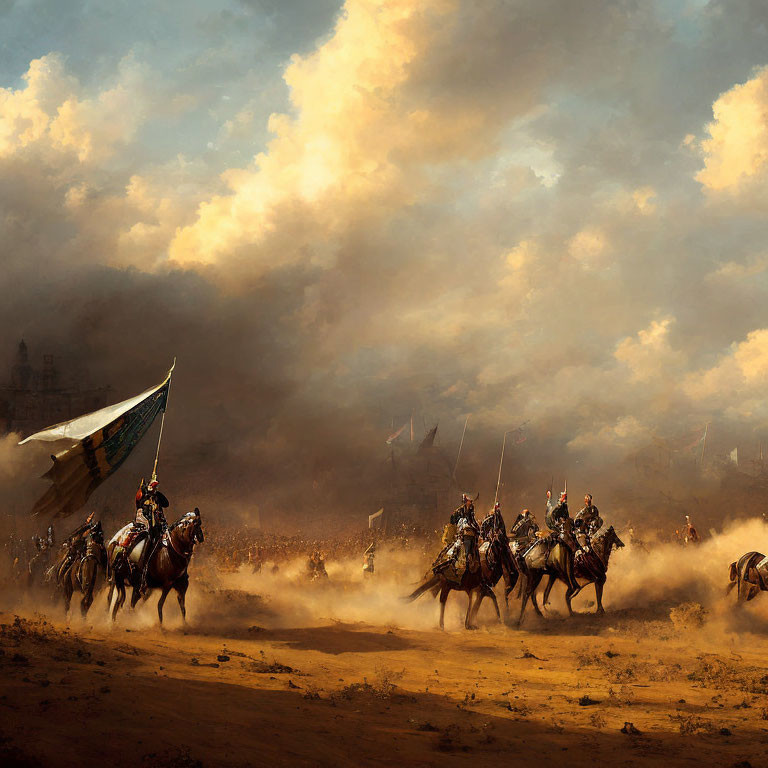 Armored knights on horseback with banner on dusty battlefield under dramatic sky