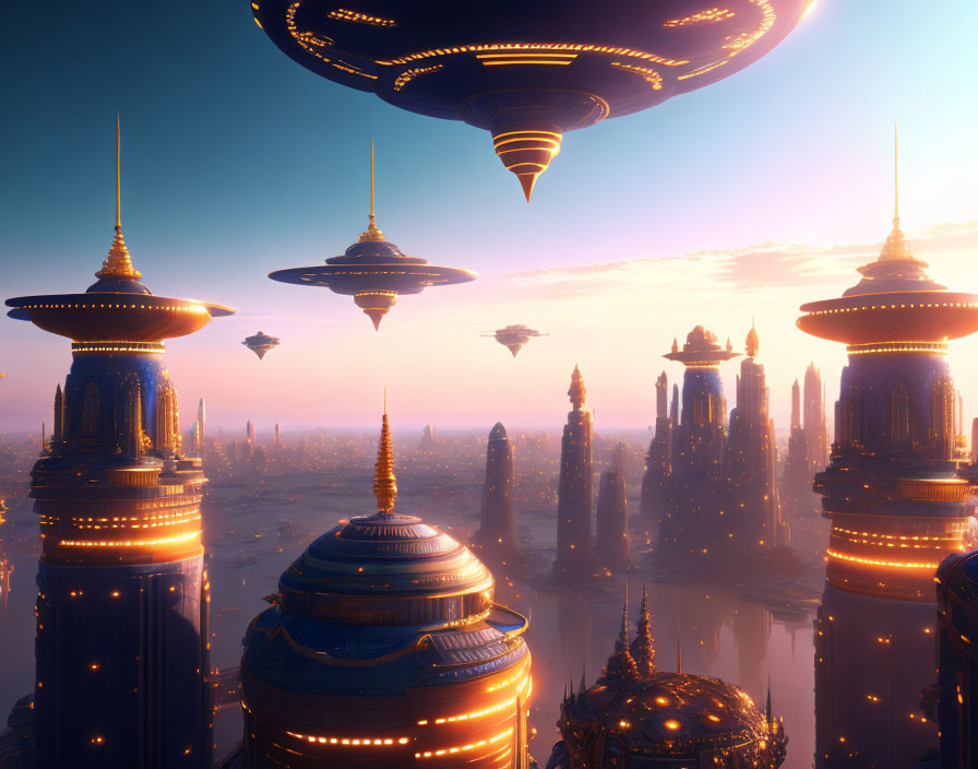 Futuristic cityscape at dusk with illuminated buildings and flying saucers