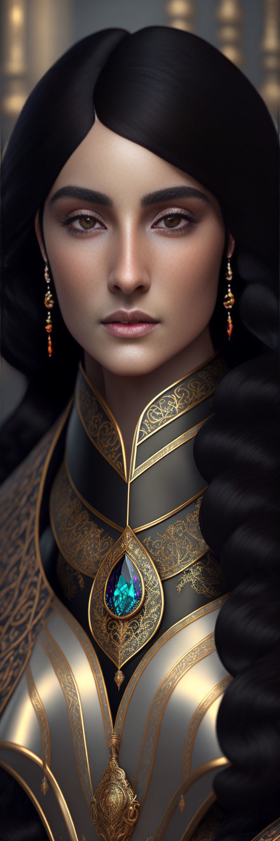 Dark-Haired Woman in Golden Ornate Armor with Regal Pendant