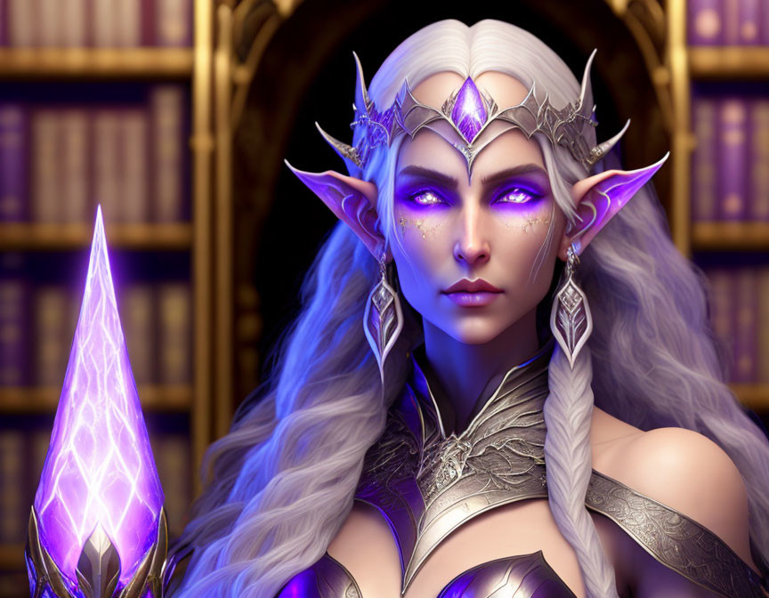 White-haired fantasy elf in silver armor near glowing purple crystal in golden library