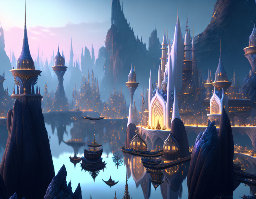 Fantasy landscape with illuminated castles in mountainous terrain at twilight