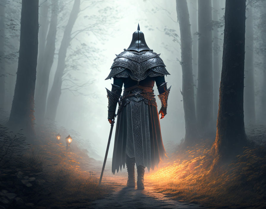 Armored knight with sword and torch on foggy forest path