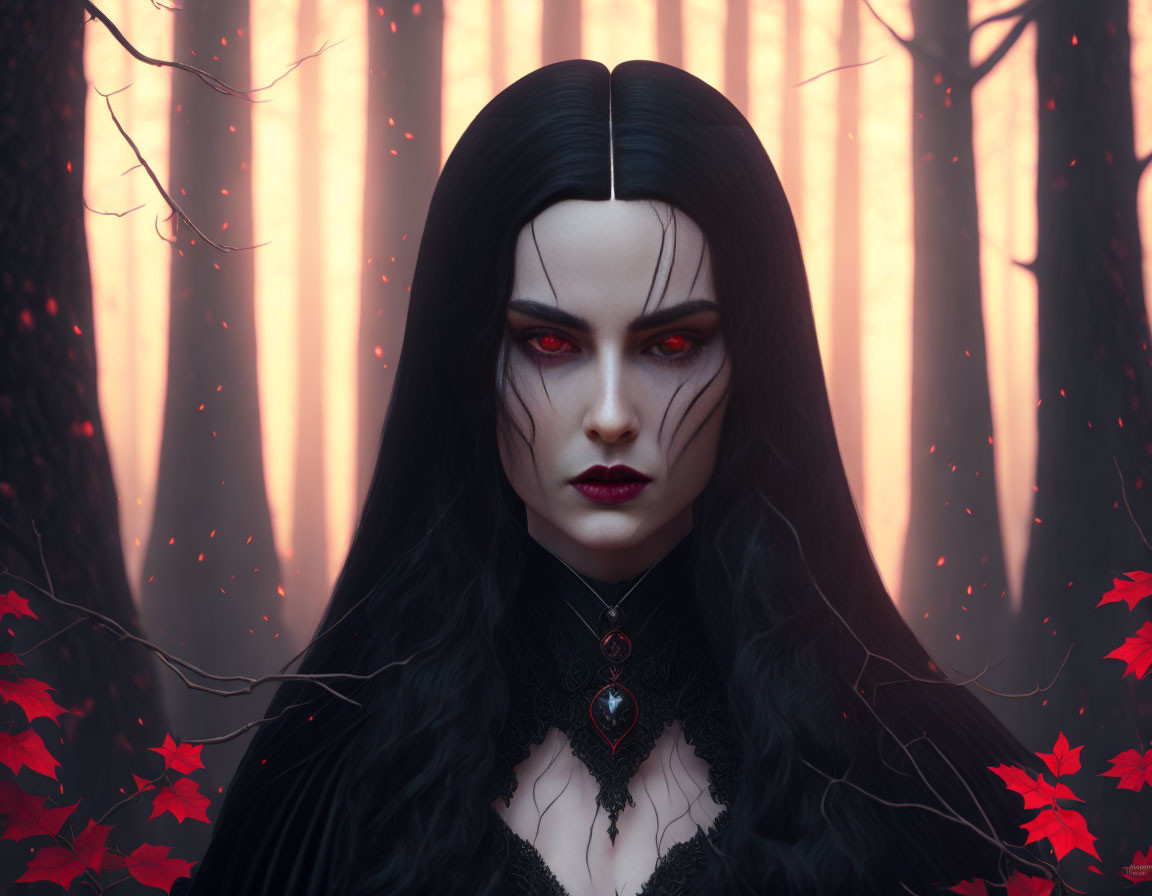 Pale-skinned Gothic woman with red eyes in misty forest with red leaves