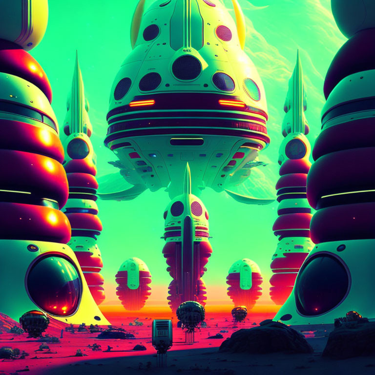 Futuristic sci-fi landscape with neon buildings and alien sky