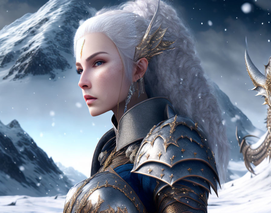 Female warrior in silver and gold armor with dragon in snowy mountain landscape