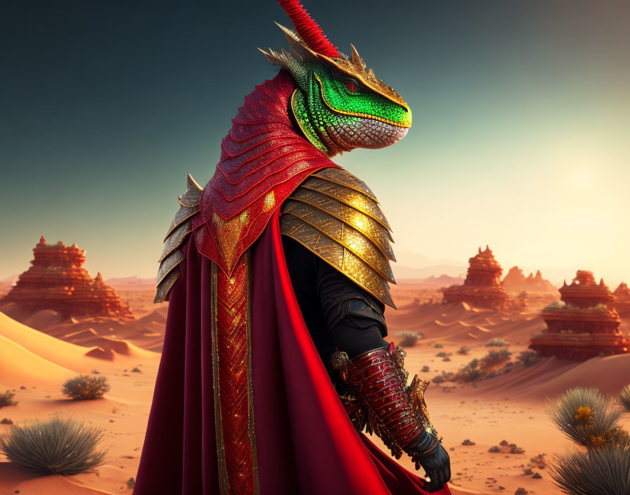 Dragon humanoid in ornate armor in desert landscape at dusk