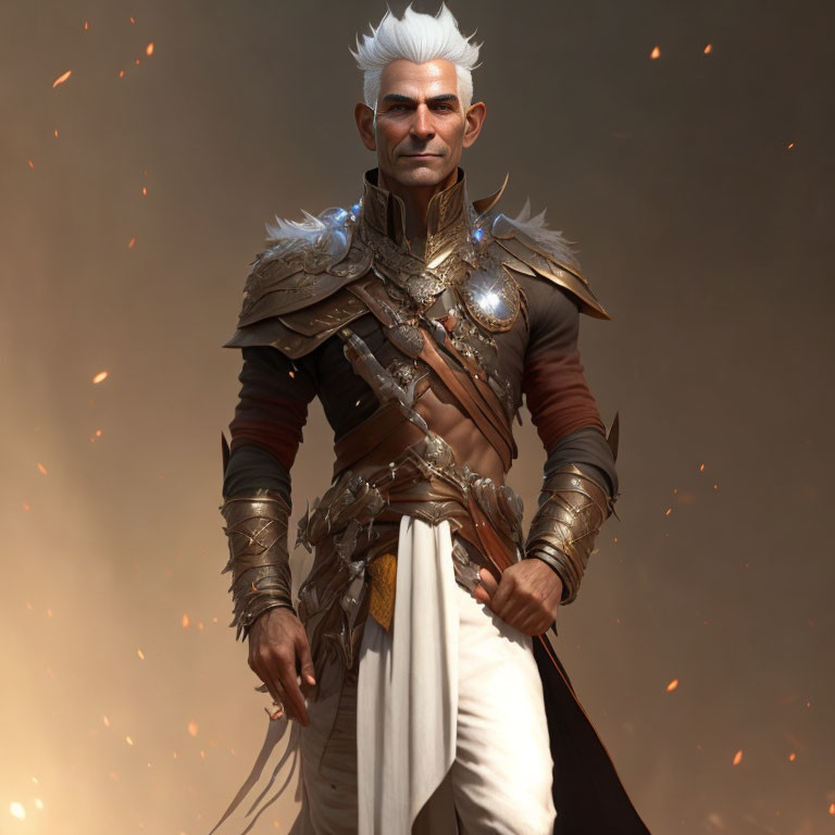 White-Haired Warrior in Detailed Armor Amidst Floating Embers