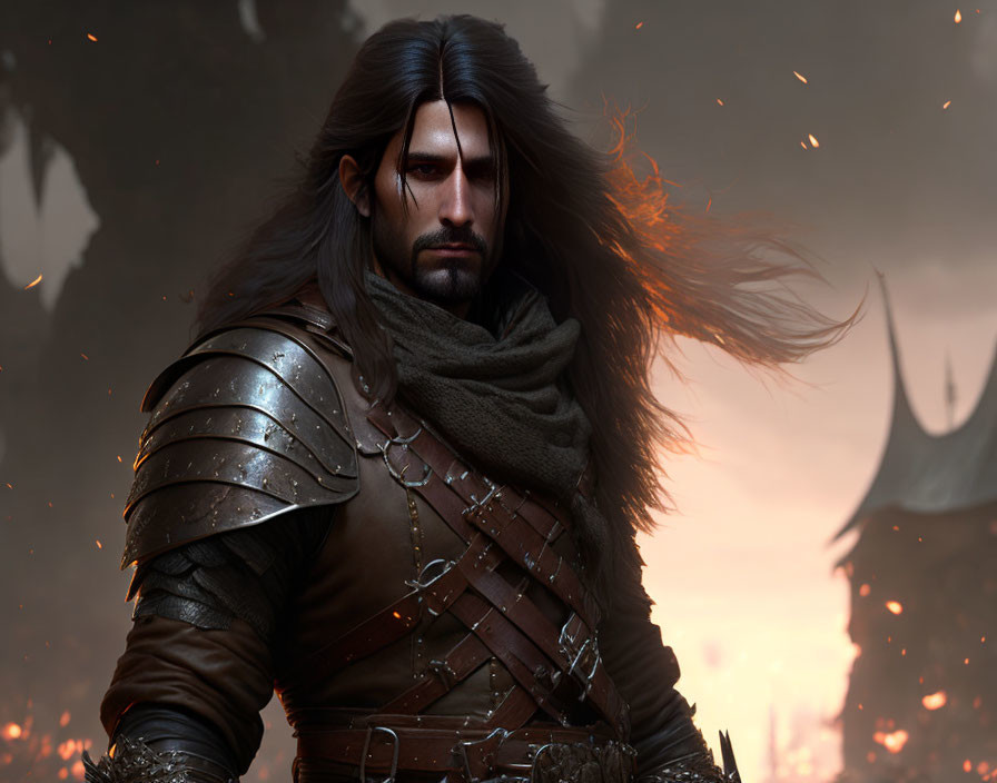 Digital artwork: Long-haired warrior in armor on fiery battlefield