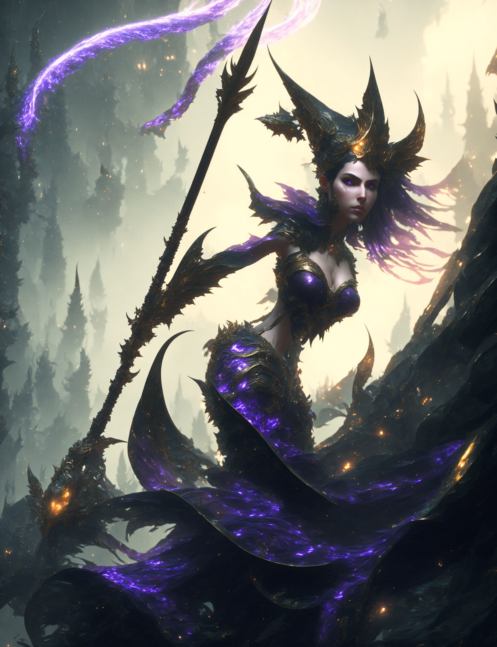 Mystical female character in dark ornate armor with glowing purple accents in ethereal forest