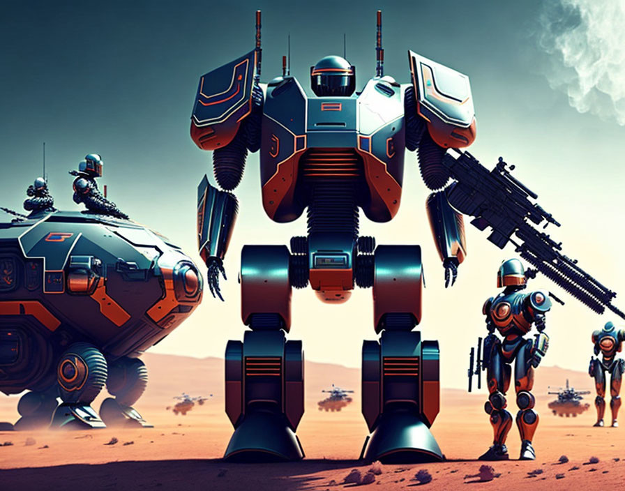 Futuristic robots and vehicles in desert landscape with large bipedal mech