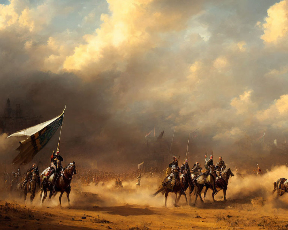 Armored knights on horseback with banner on dusty battlefield under dramatic sky