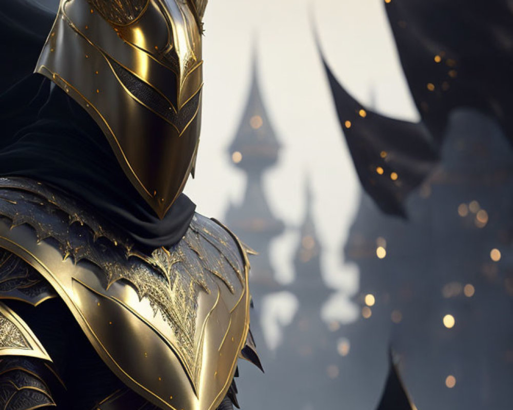 Majestic knight in black and gold armor against fantasy spires with ember glow