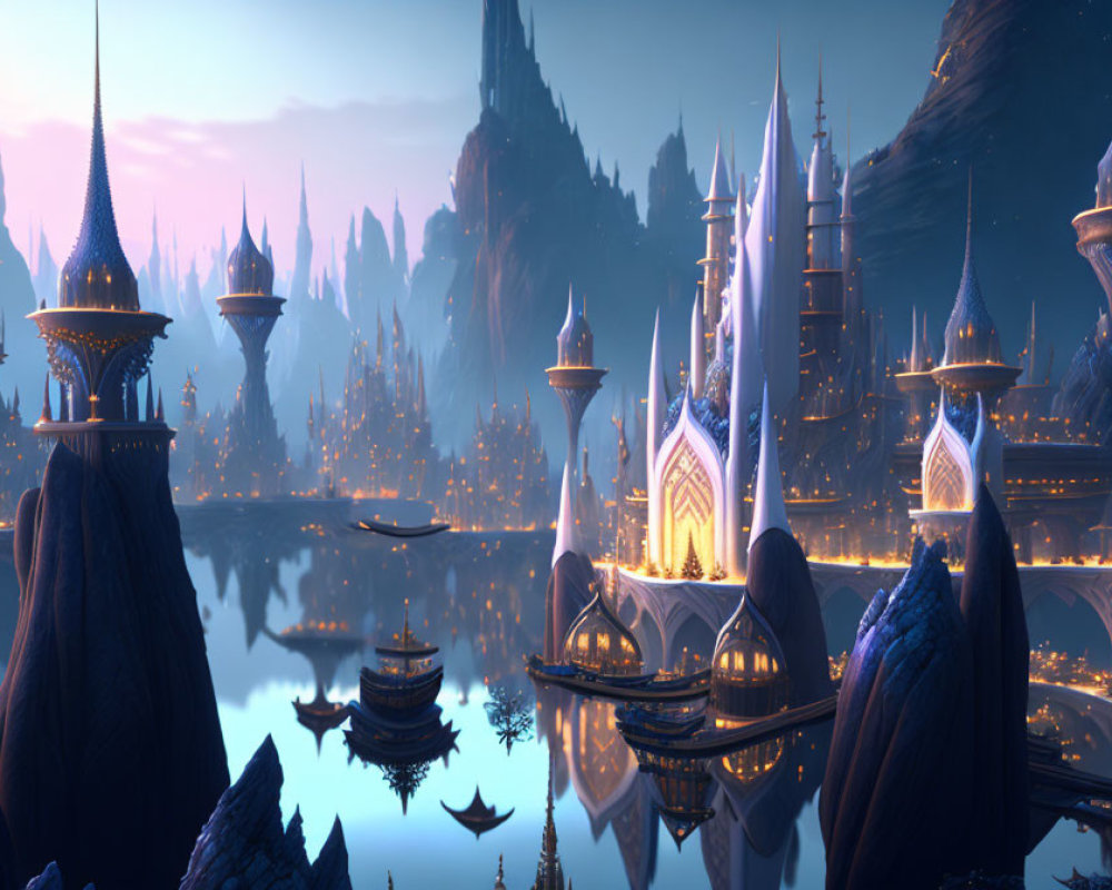 Fantasy landscape with illuminated castles in mountainous terrain at twilight