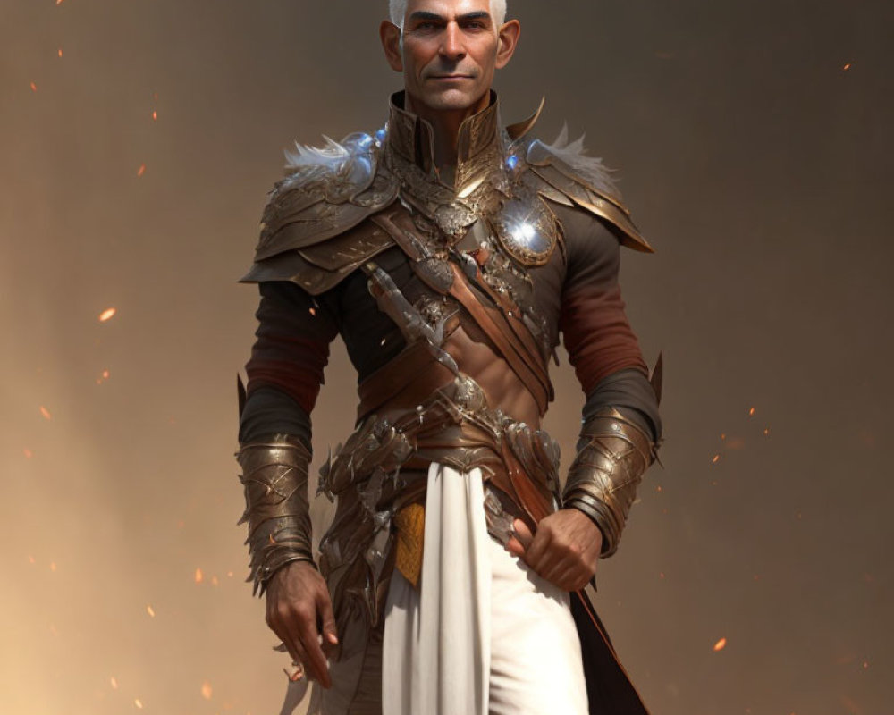 White-Haired Warrior in Detailed Armor Amidst Floating Embers