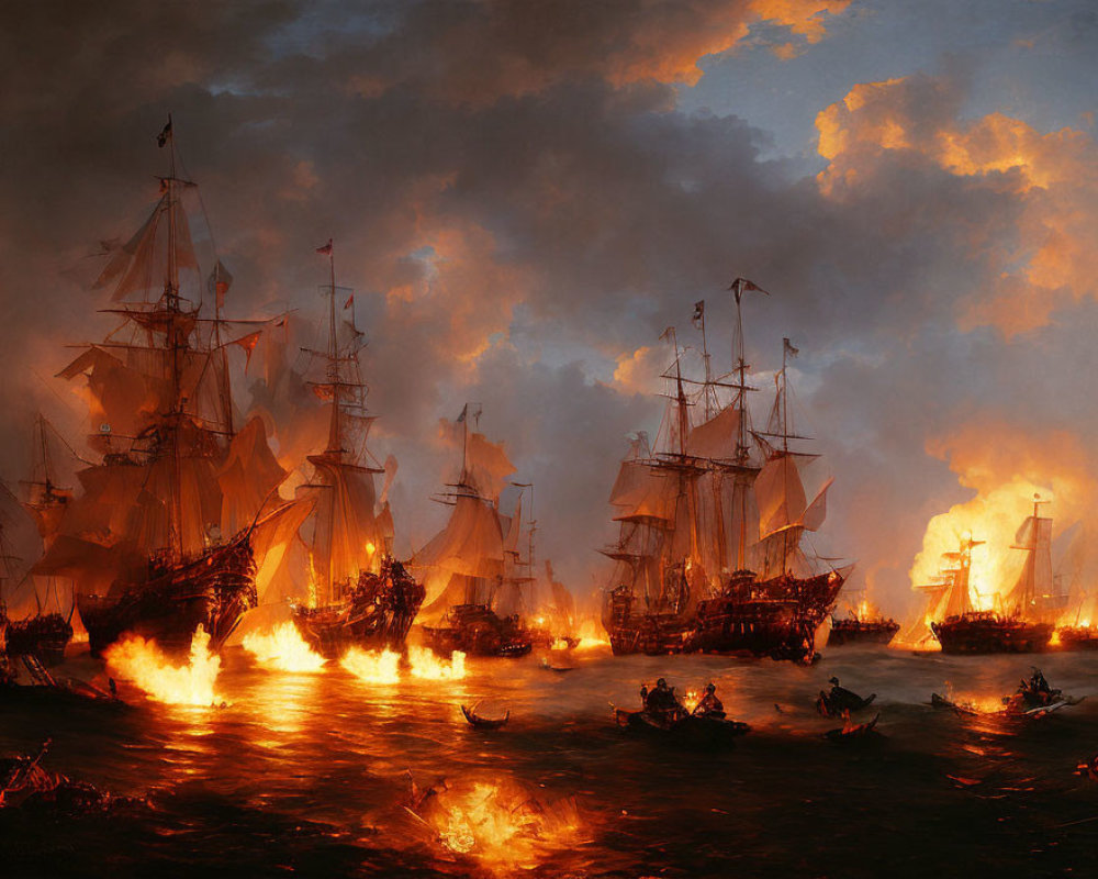 Naval battle scene with sailing ships, explosions, and flames under dramatic sunset sky