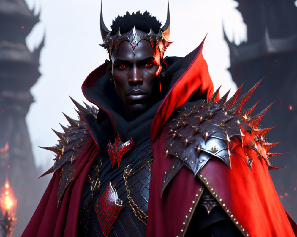 Fantasy character with horns and red cape in gothic setting