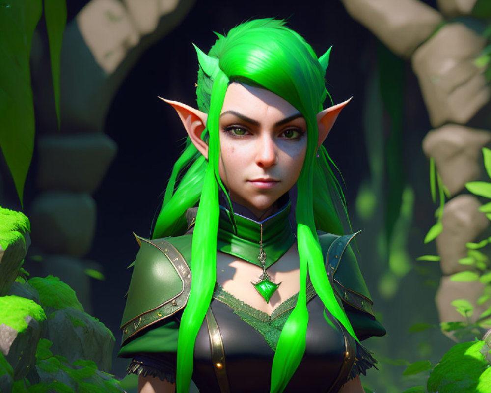 Digital artwork: Elf with green hair, forest armor, in jungle setting