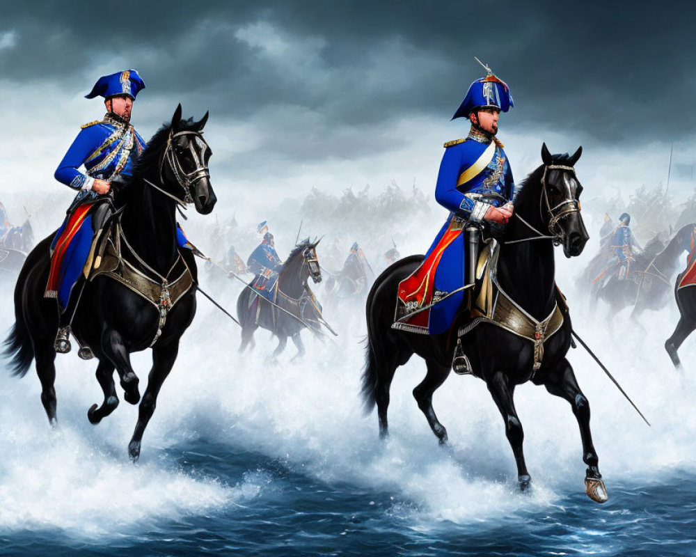 Historical military scene: Uniformed riders on black horses gallop through mist