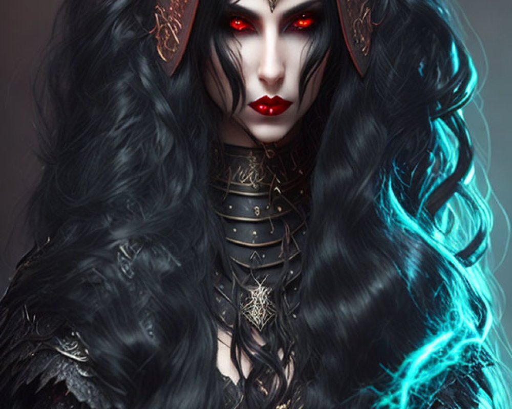 Mystical woman with red eyes, crown, armor, black hair, and blue glow