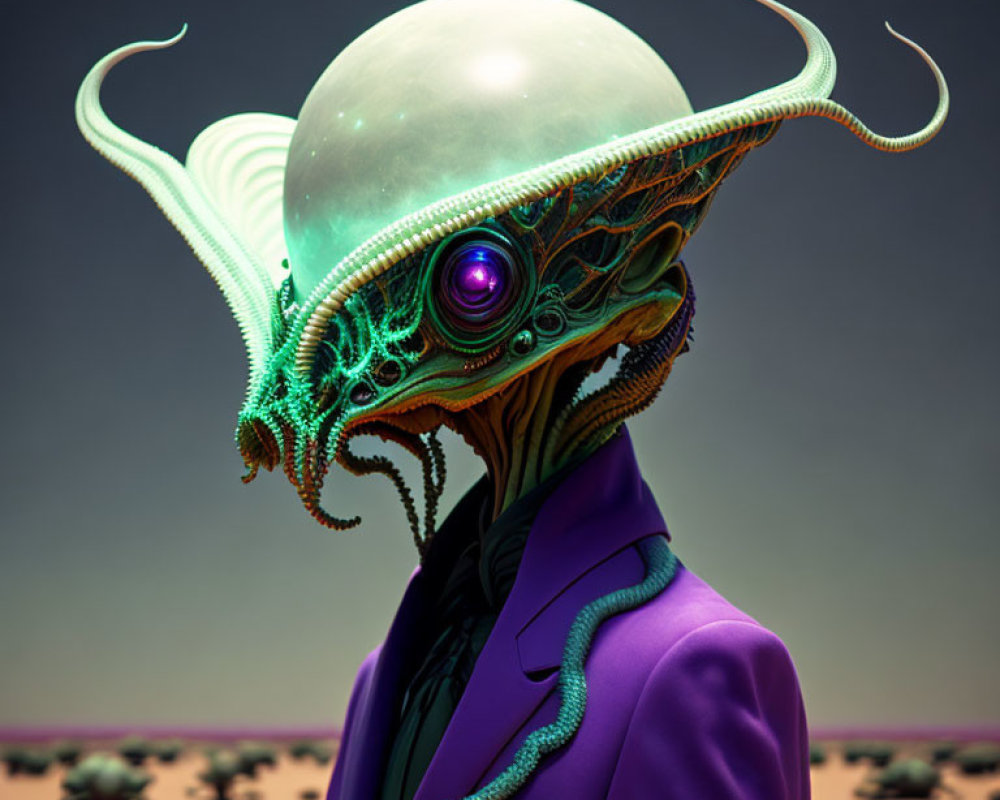 Alien with tentacled face in purple suit against desert backdrop