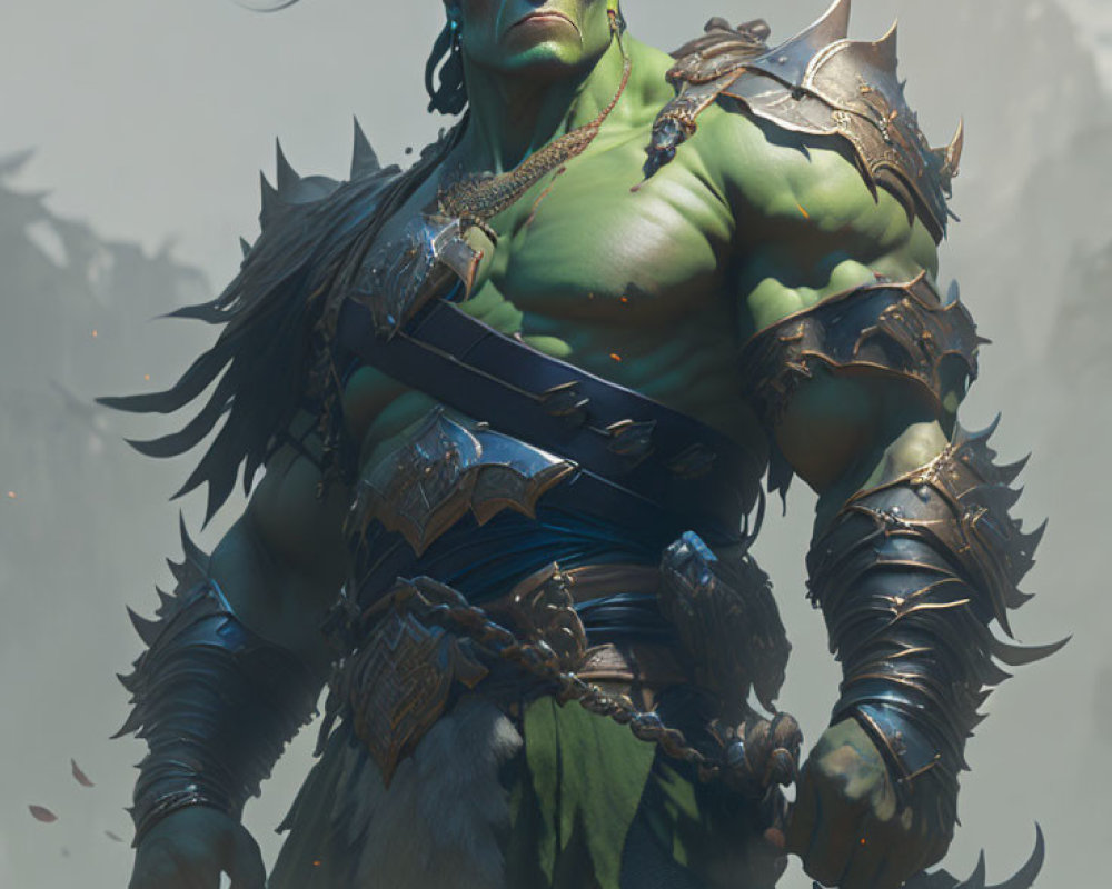 Muscular green-skinned orc in armor and fur cloak with stern expression