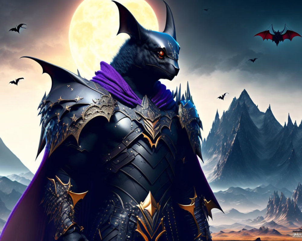 Armored knight bat character in moonlit landscape with bats