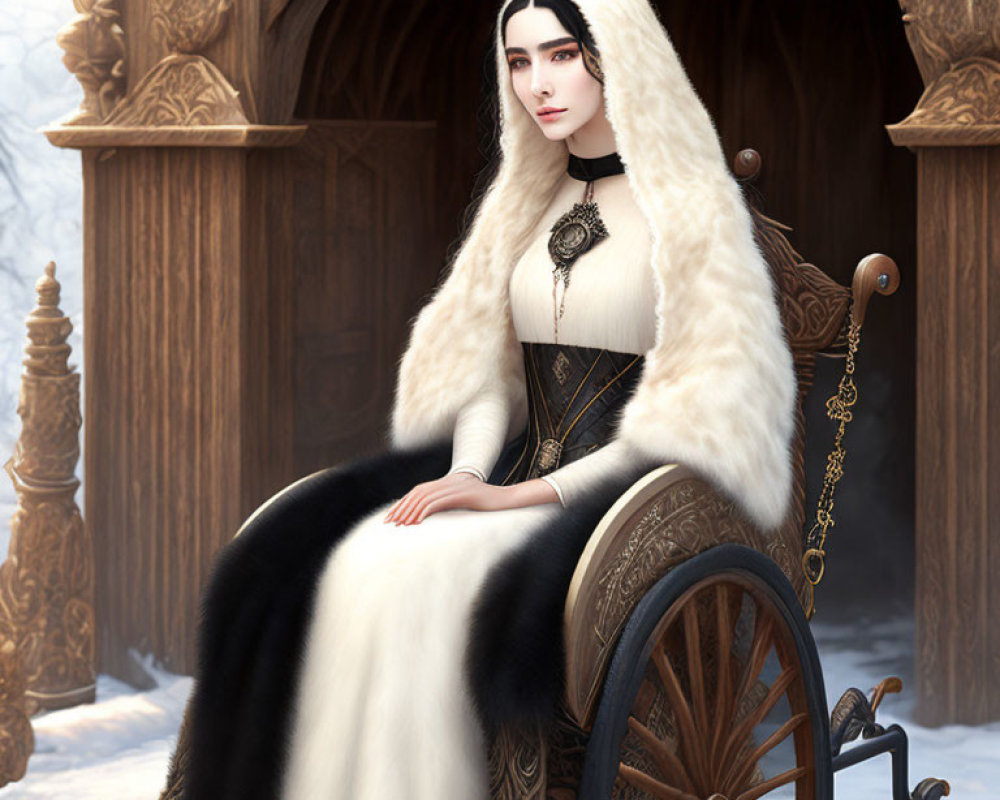 Regal woman in white fur cloak on ornate throne in snowy setting