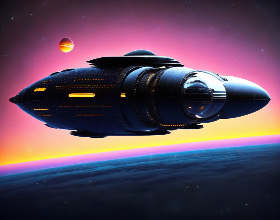 Futuristic spaceship hovering above planet's surface in space.