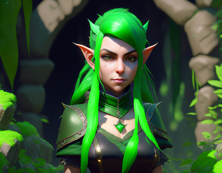 Digital artwork: Elf with green hair, forest armor, in jungle setting