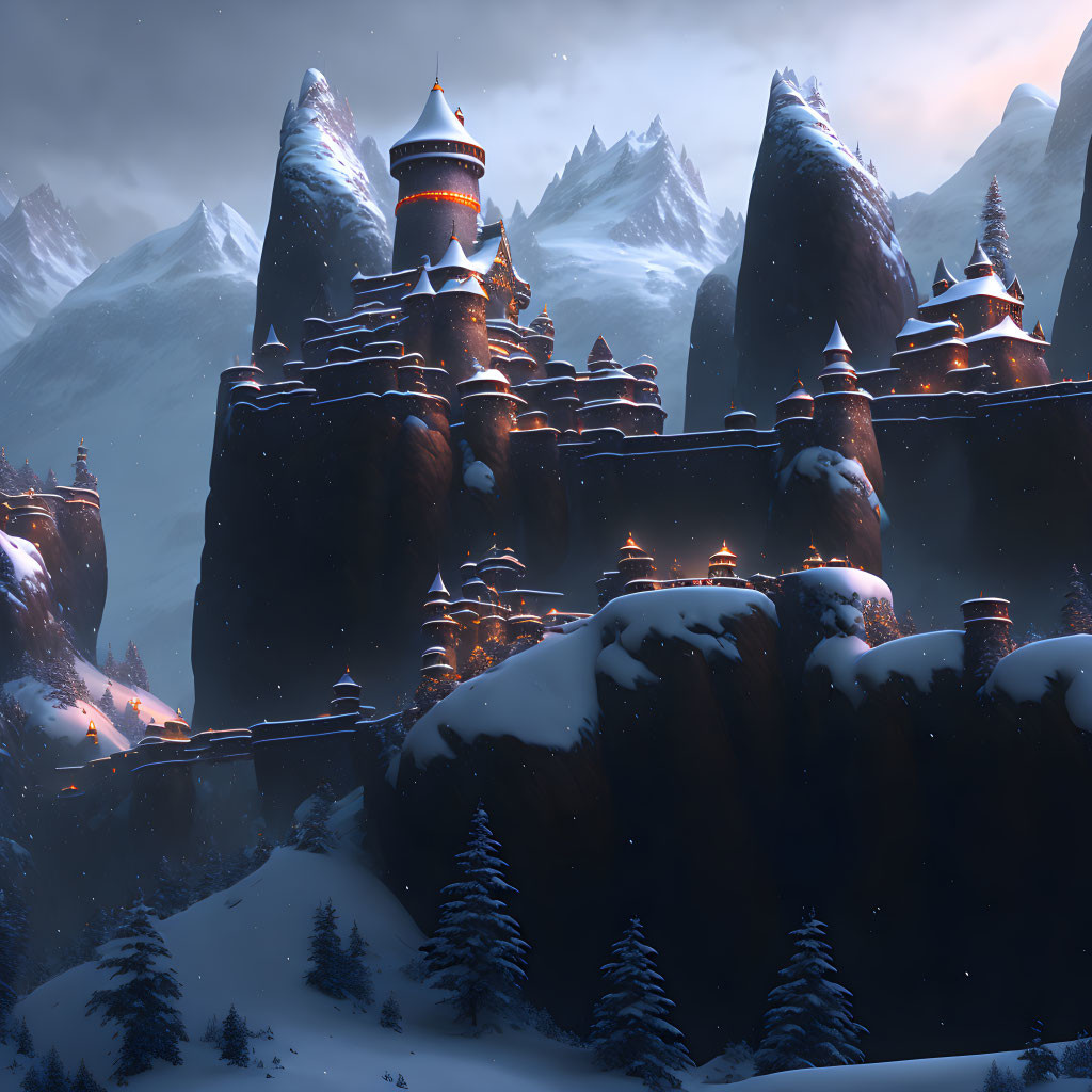 Snow-covered mountain castle at dusk with illuminated windows