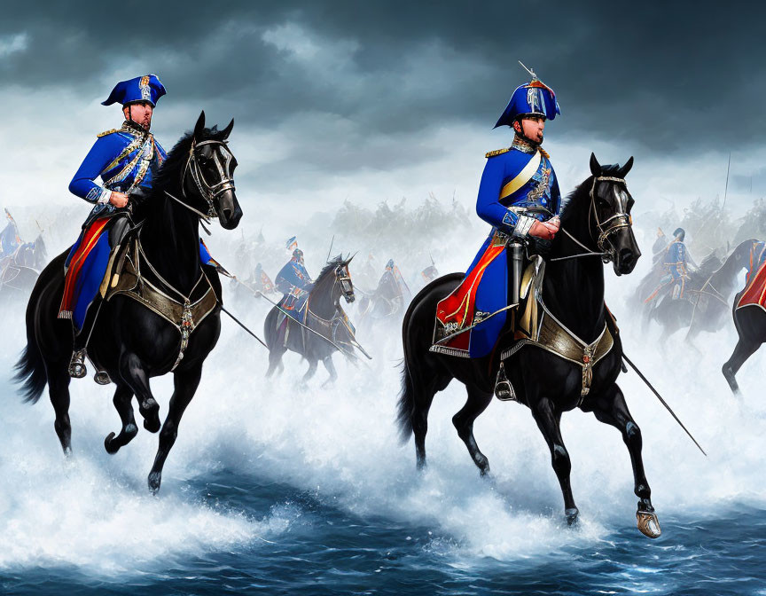 Historical military scene: Uniformed riders on black horses gallop through mist