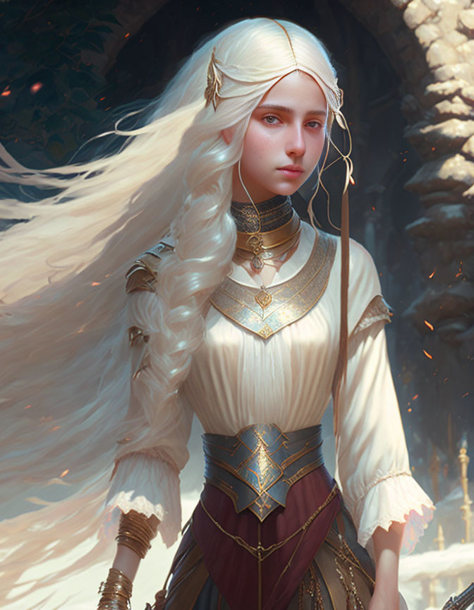 White-haired woman in fantasy attire with gold accents in serene setting