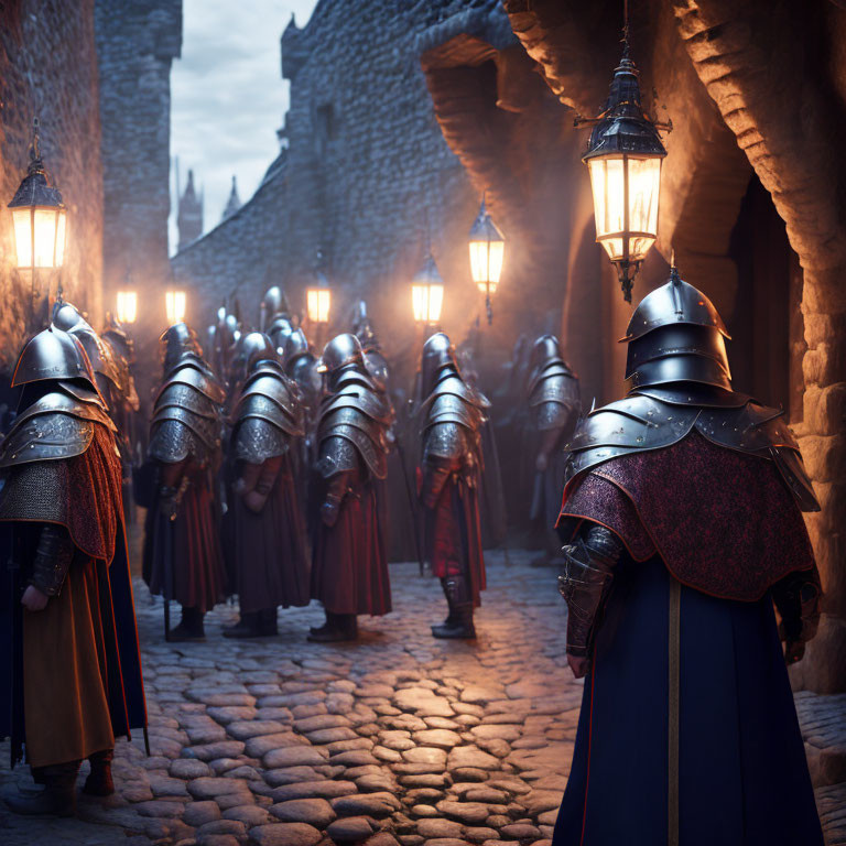 Armored medieval soldiers with halberds in cobblestone alleyway lit by lanterns