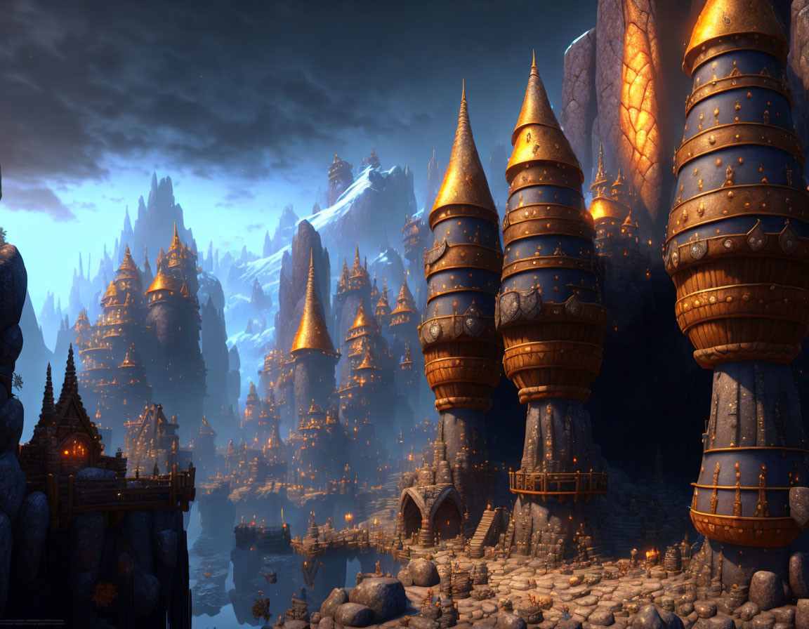 Fantasy landscape with spire-topped castles in twilight